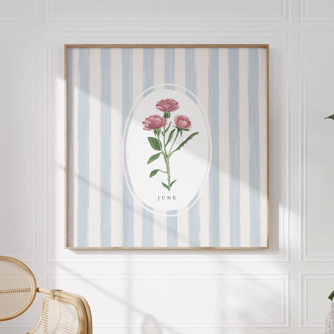 June Rose Birth Flower Blue Stripe Botanical Oval Art Poster - Image 3