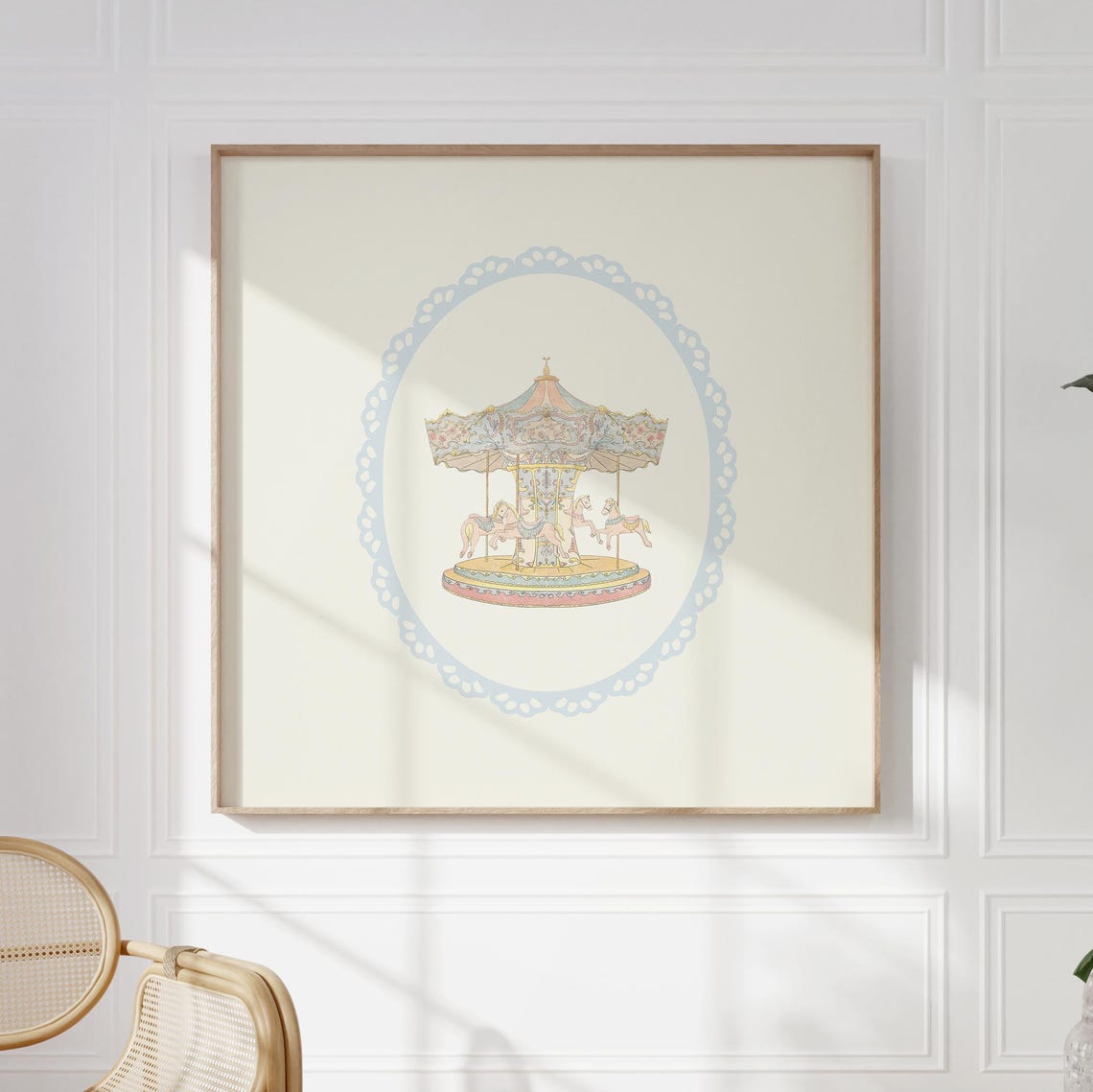 Vintage Carousel Pastel Horses Blue Lace Oval Nursery Wall Art Poster - Image 5
