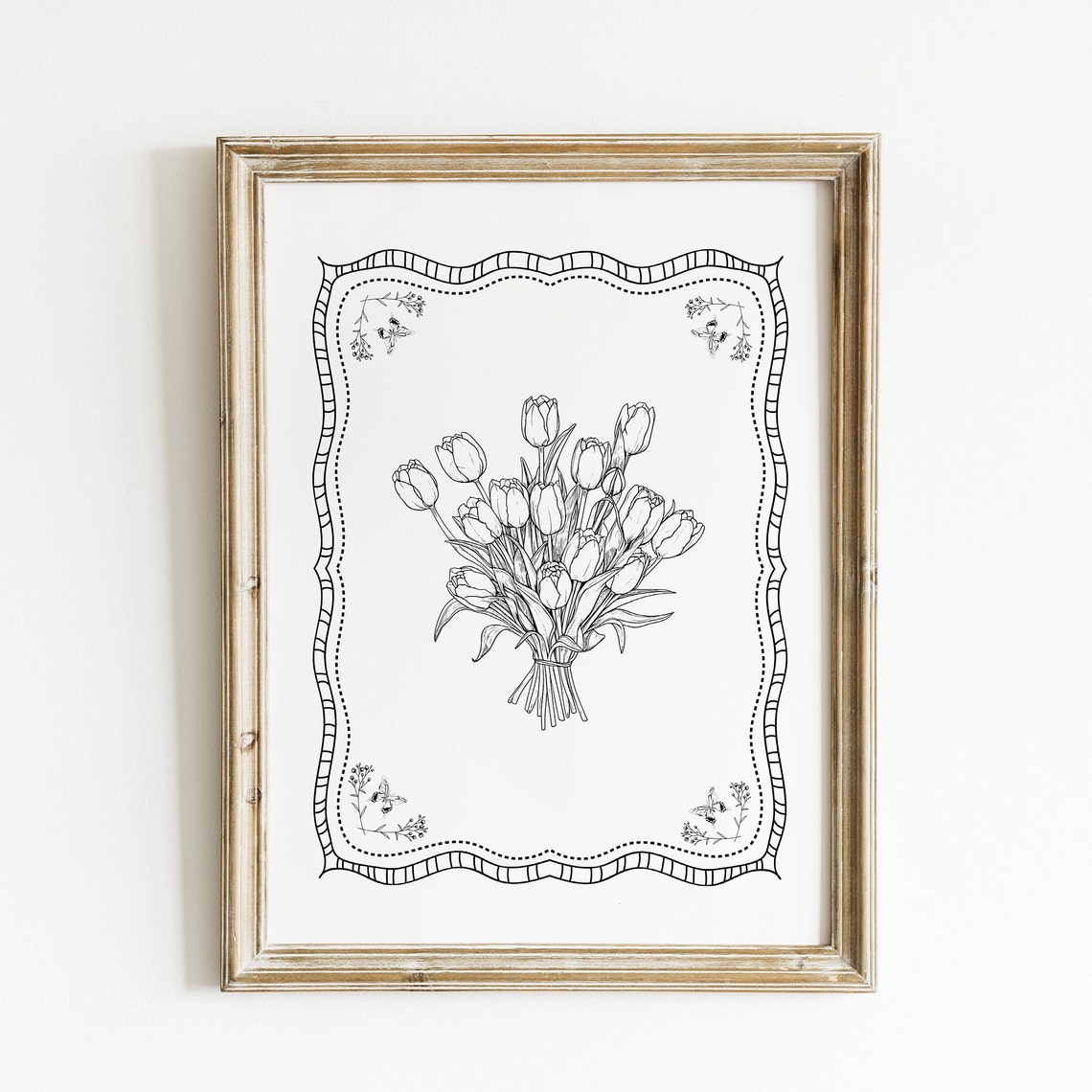 Black and White Tulip Bouquet Poster in Vintage Striped Frame