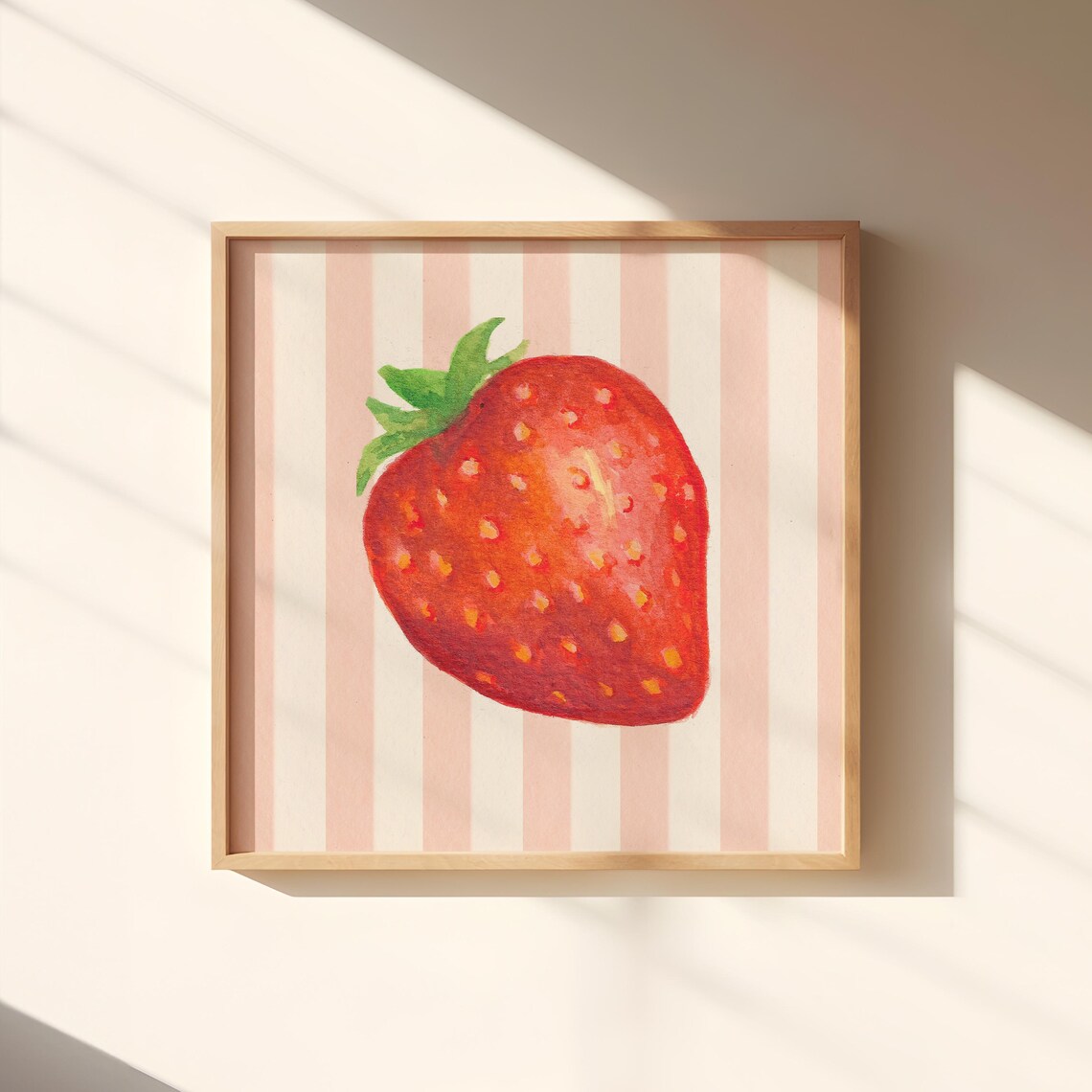 Juicy Red Strawberry Watercolor on Pink Striped Background Poster