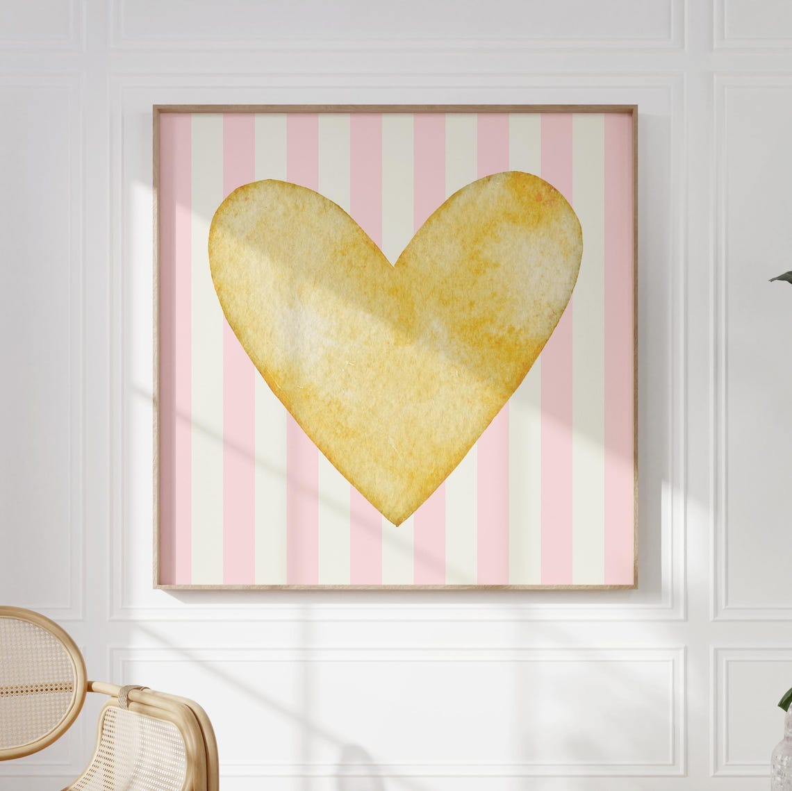 Golden Yellow Watercolor Heart Pink Stripe Square Valentine Art Poster