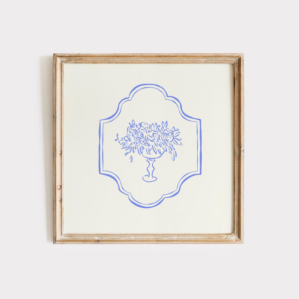Blue Line Floral Bouquet Pedestal Vase Scalloped Frame Wall Poster - Image 2