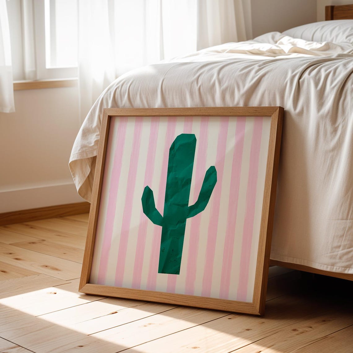 Green Saguaro Cactus Pink Striped Background Modern Desert Wall Poster - Image 2