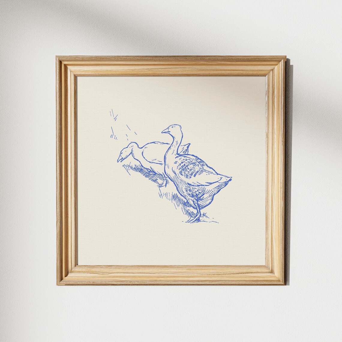 Farm Ducks Line Sketch Blue Ink Cream Minimalist Square Wall Art - Image 2
