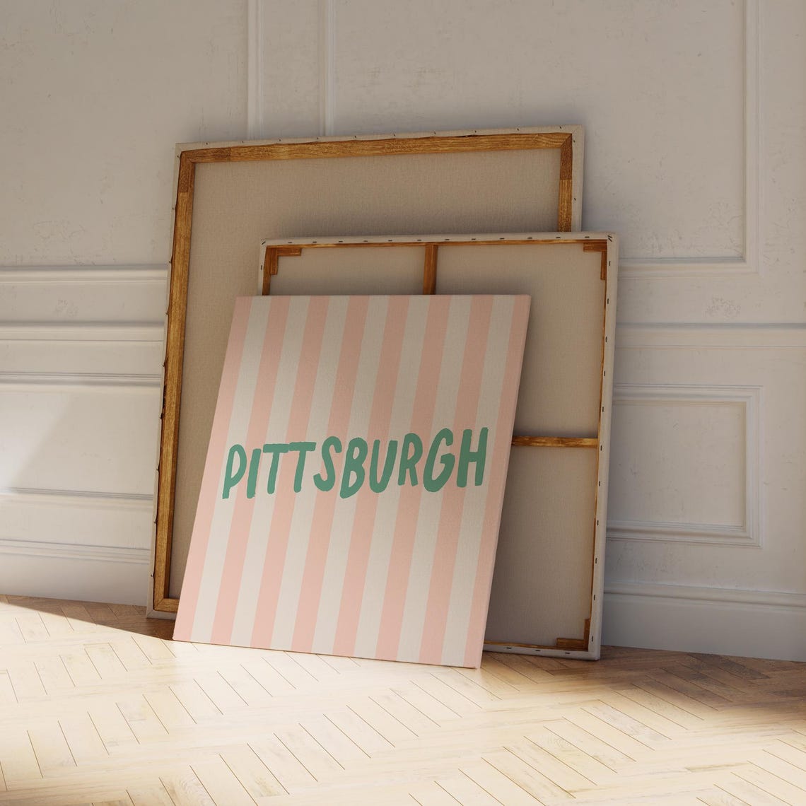 Pittsburgh Green Hand Lettered Pink Striped Square City Name Poster - Image 4