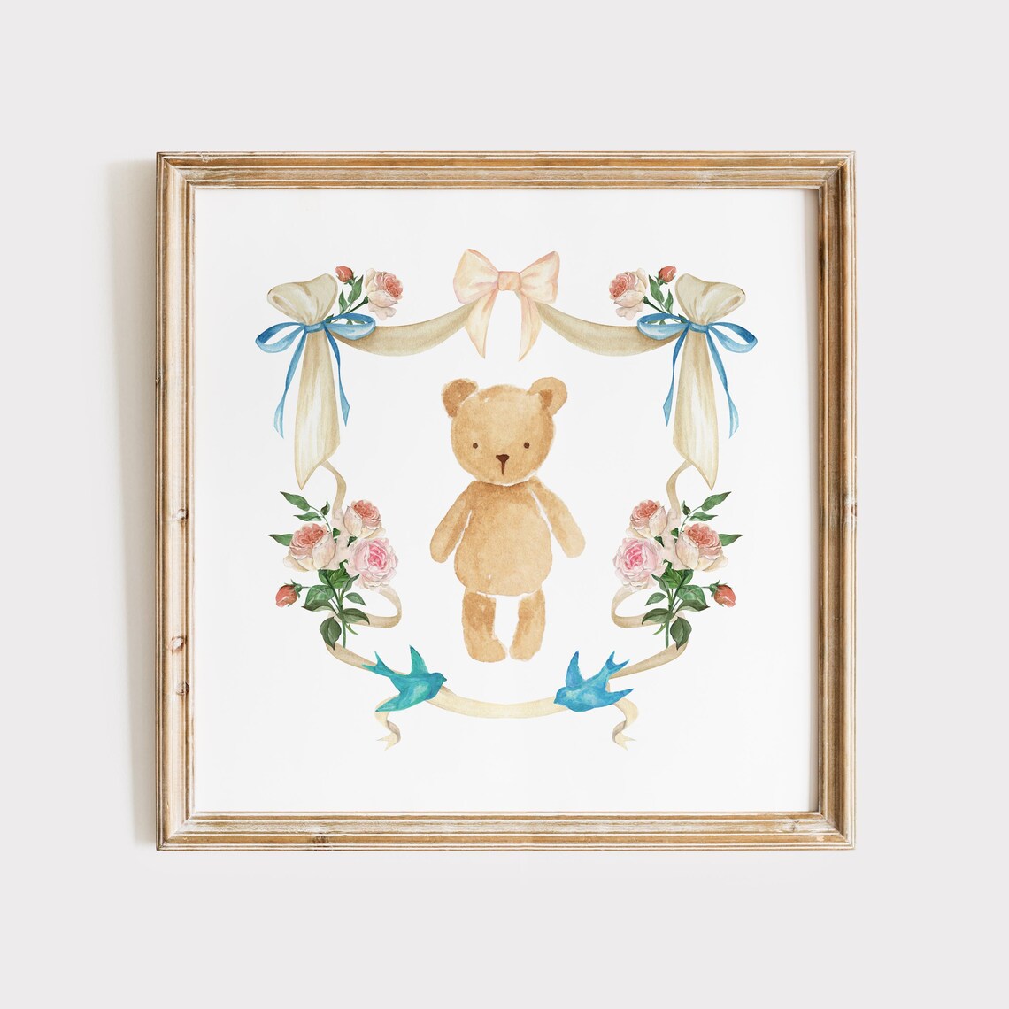 Teddy Bear Watercolor With Ribbons Roses Swallows Nursery Animal Poster