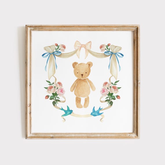Teddy Bear Emblem Print Instant Wall Art Trendy Decor Illustration Living Room Art Nursery Blue Line Watercolor