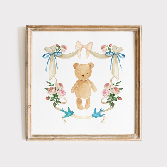 Teddy Bear Watercolor With Ribbons Roses Swallows Nursery Animal Poster
