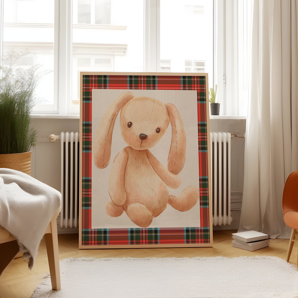 Watercolor Bunny Plush Floppy Ear Red Plaid Border Nursery Poster