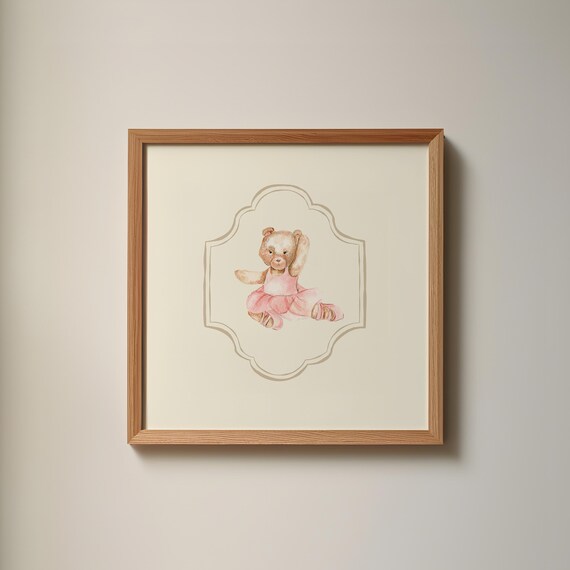 Teddy Bear Ballerina Square Watercolor Vintage Tutu Nursery Girls Art Print
