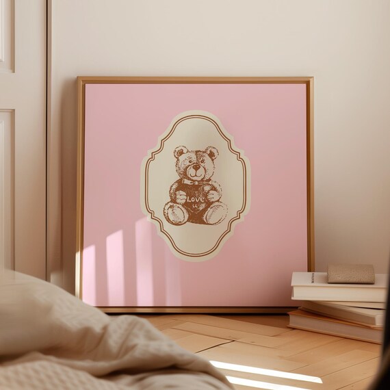 Cute Pink Teddy Bear Love U Vintage Nursery Decor Square Poster