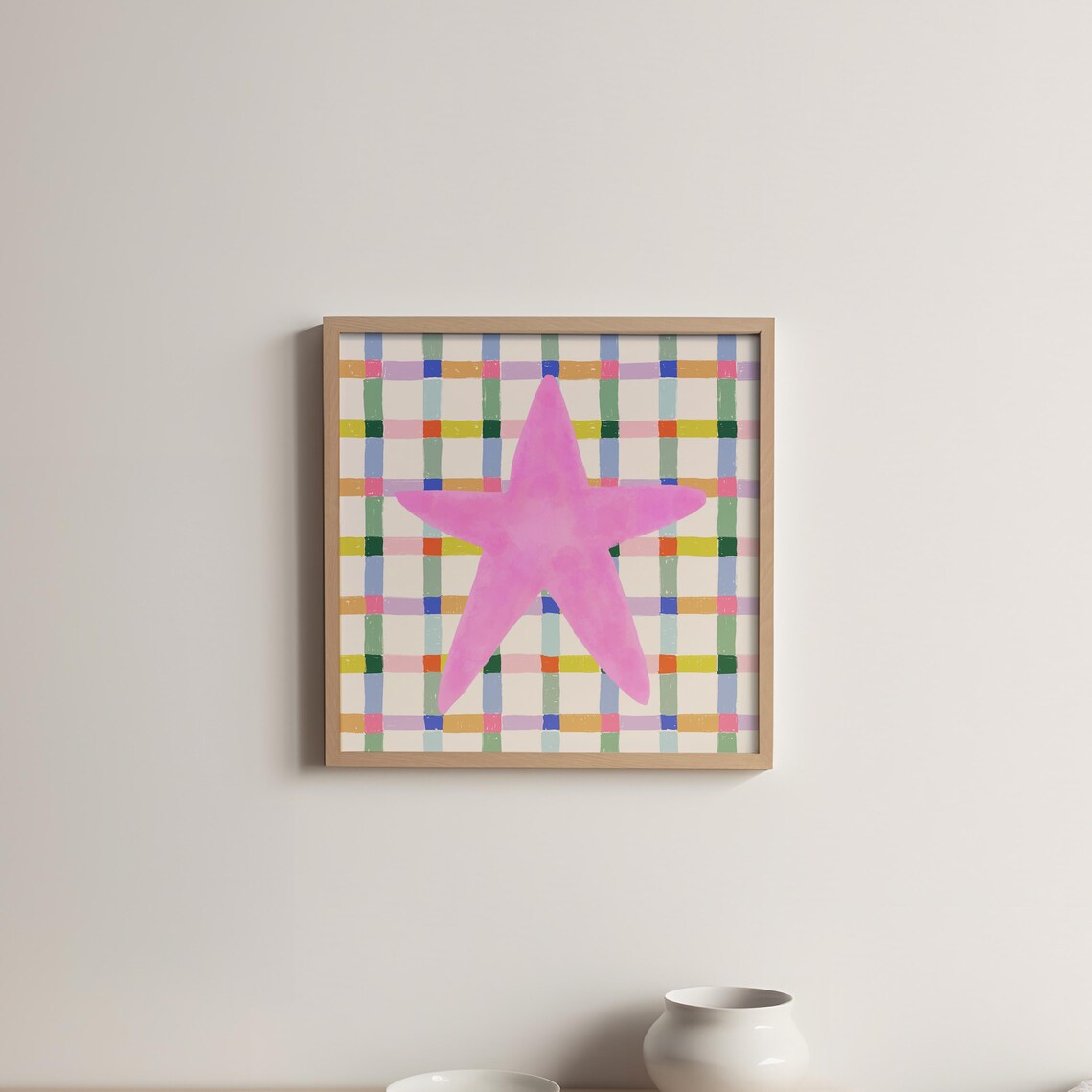 Pink Watercolor Star Colorful Check Plaid Kids Room Square Wall Art - Image 2