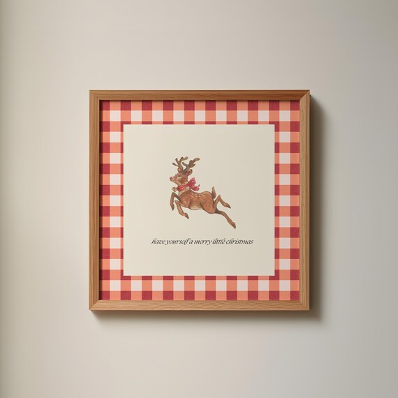 Vintage Leaping Reindeer with Red Bow on Red Gingham Christmas Poster
