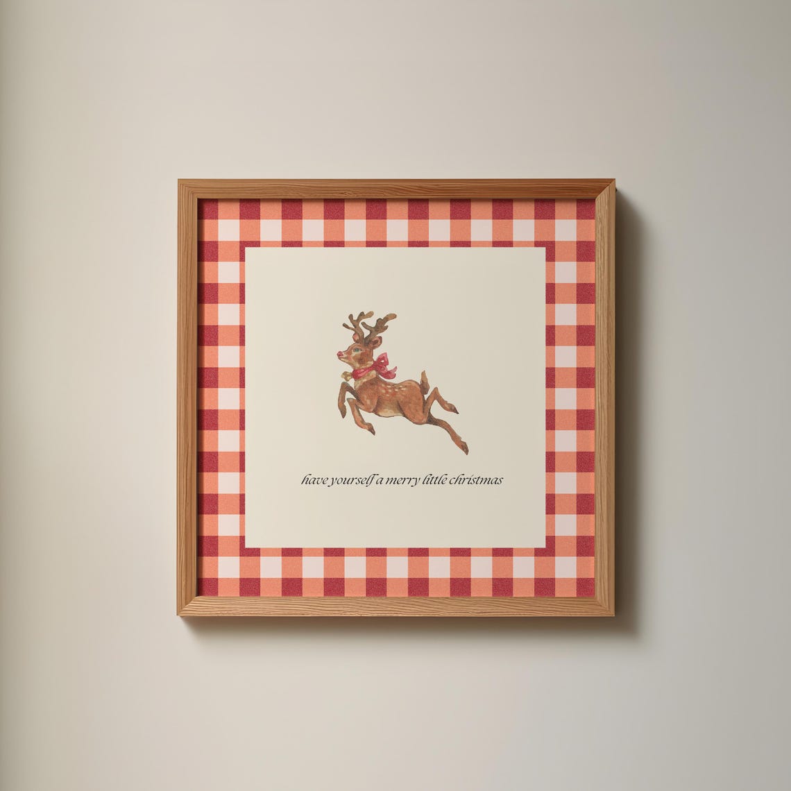 Vintage Leaping Reindeer with Red Bow on Red Gingham Christmas Poster