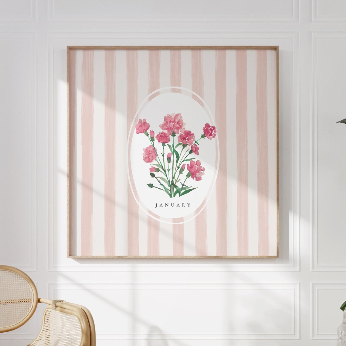 January Carnation Birth Month Flower Pink Stripe Watercolor Bouquet Poster
