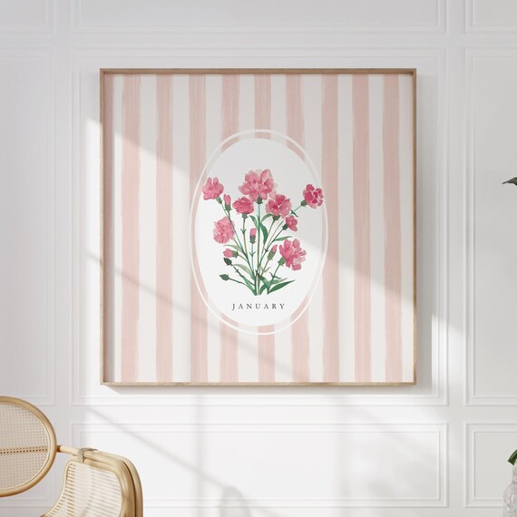 January Carnation Birth Month Flower Pink Stripe Watercolor Bouquet Poster