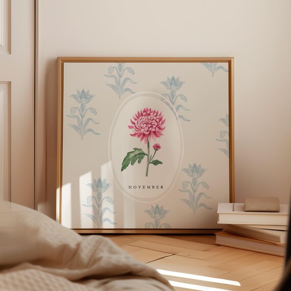November Chrysanthemum Birth Flower Watercolor Botanical Poster