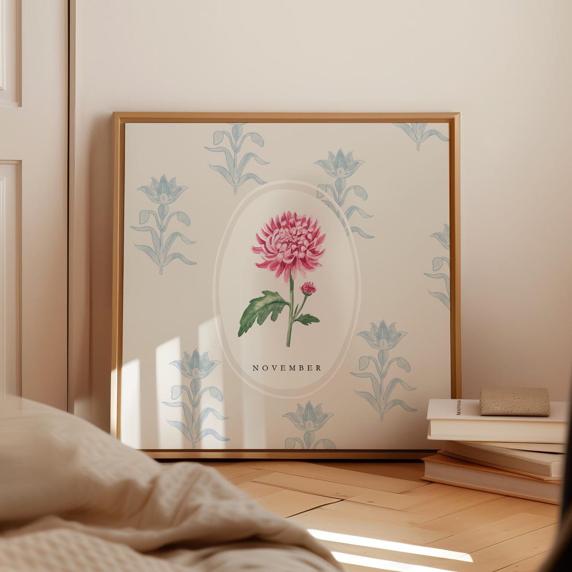 November Chrysanthemum Birth Flower Watercolor Botanical Poster