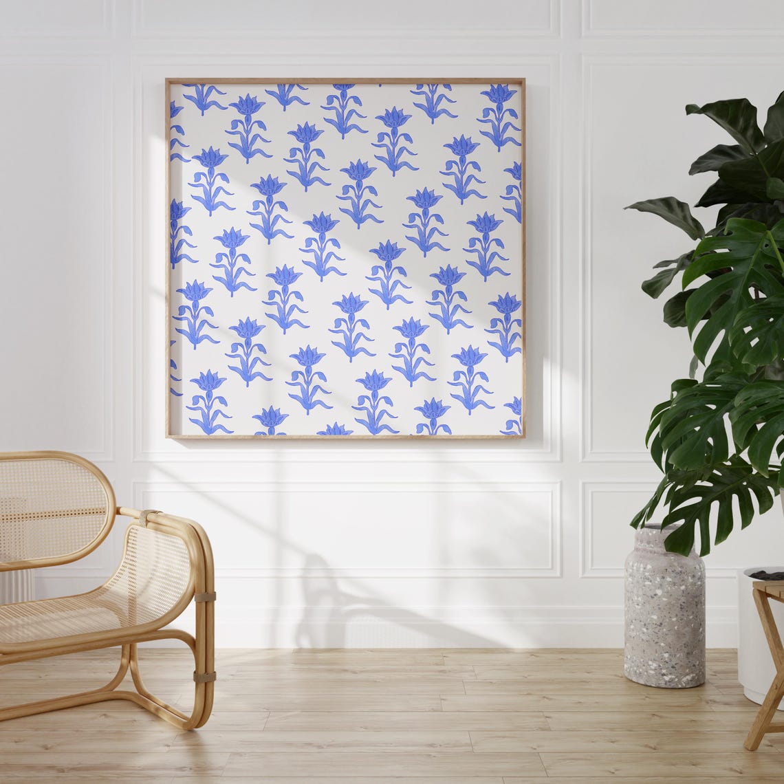 Bold Cobalt Blue Floral Block Motif Pattern Square Art Poster - Image 2