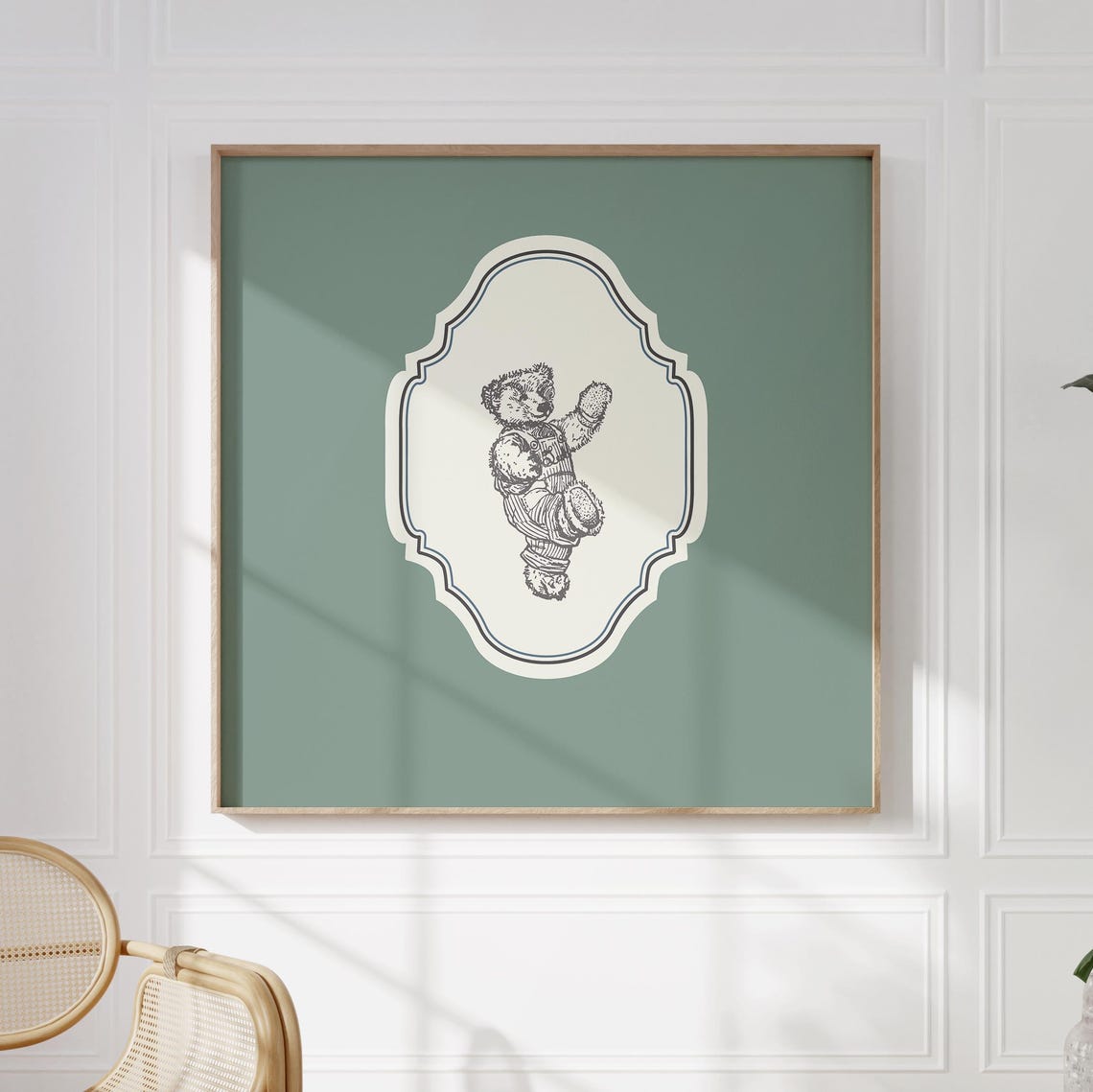 Vintage Waving Teddy Bear Sage Green Ornate Square Nursery Poster - Image 5