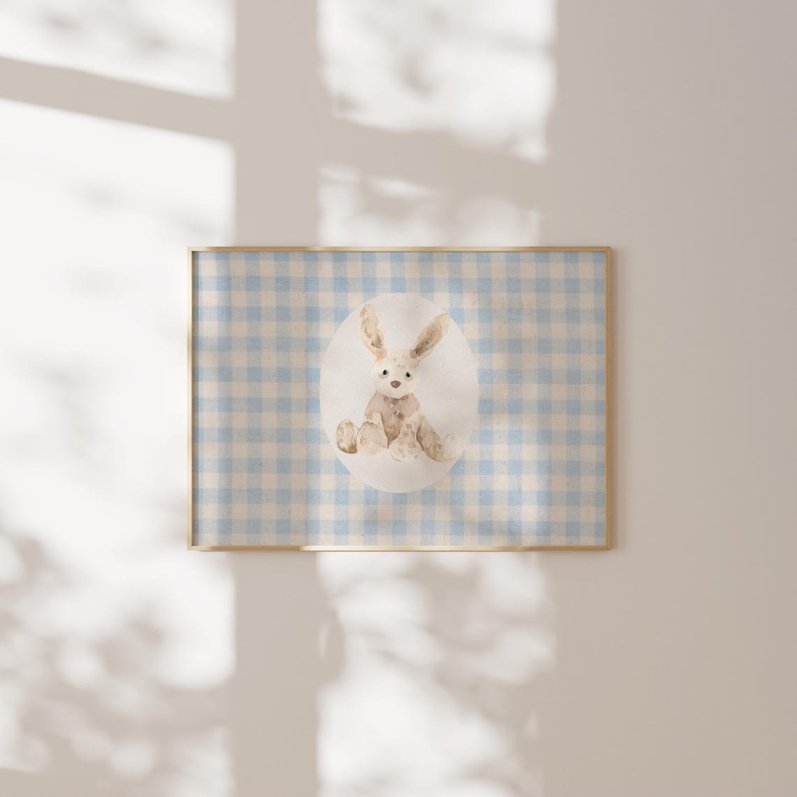 Blue Gingham Baby Bunny in Oval Watercolor Nursery Wall Poster - Image 2