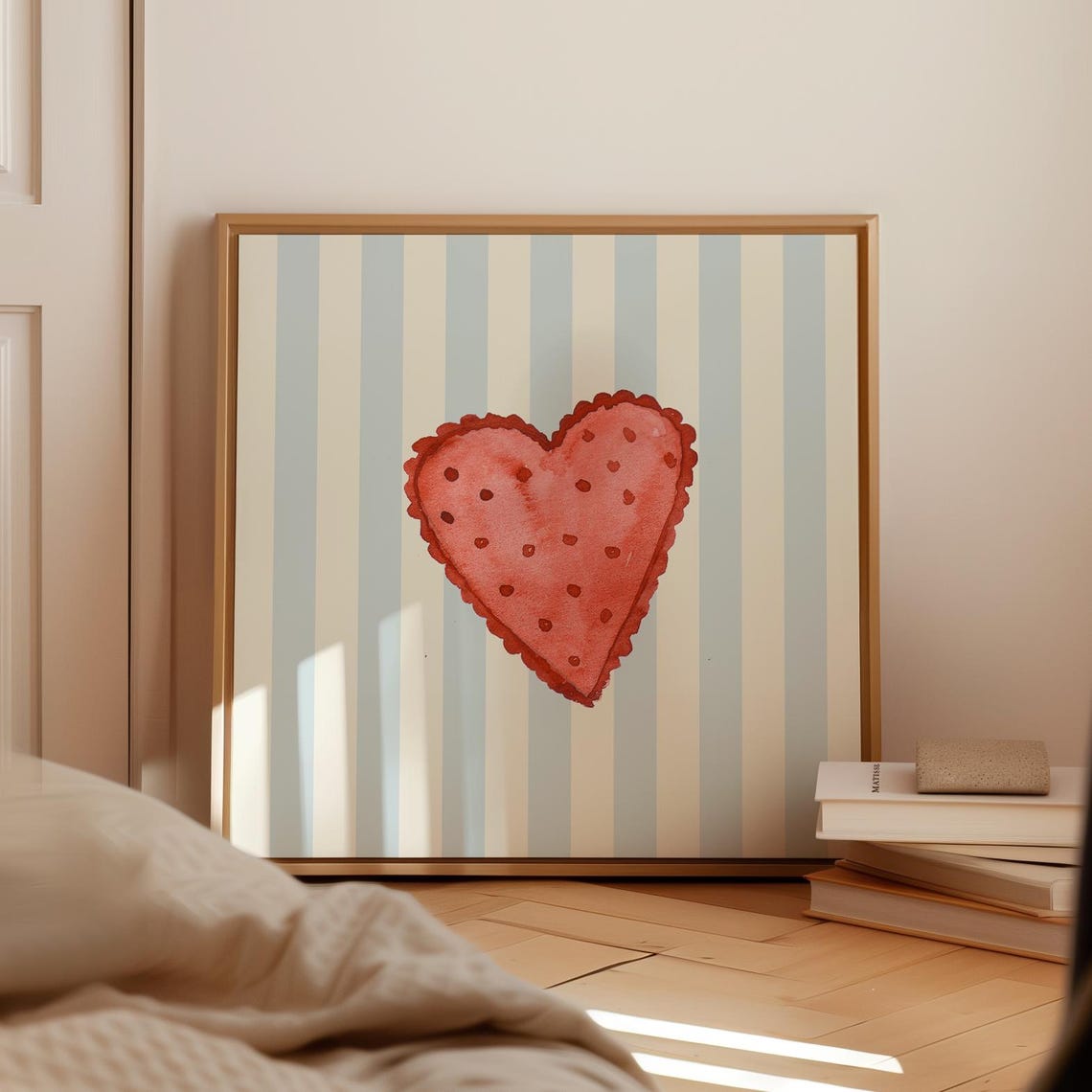 Red Polka Dot Watercolor Heart Blue Striped Valentine Wall Art Print - Image 2