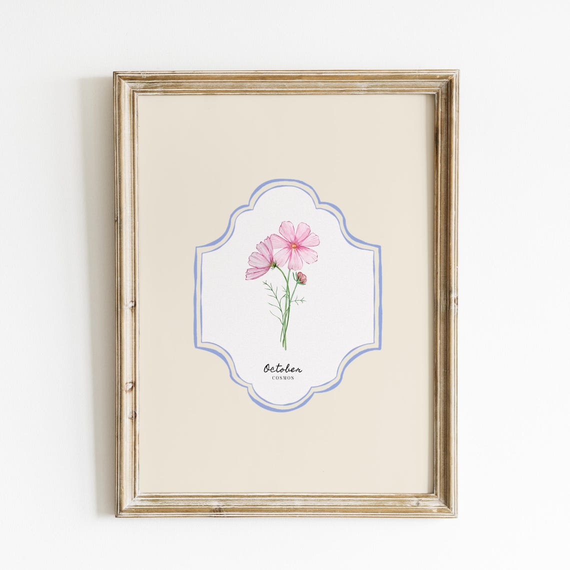 October Cosmos Birth Flower Botanical Cream Vintage Art Print