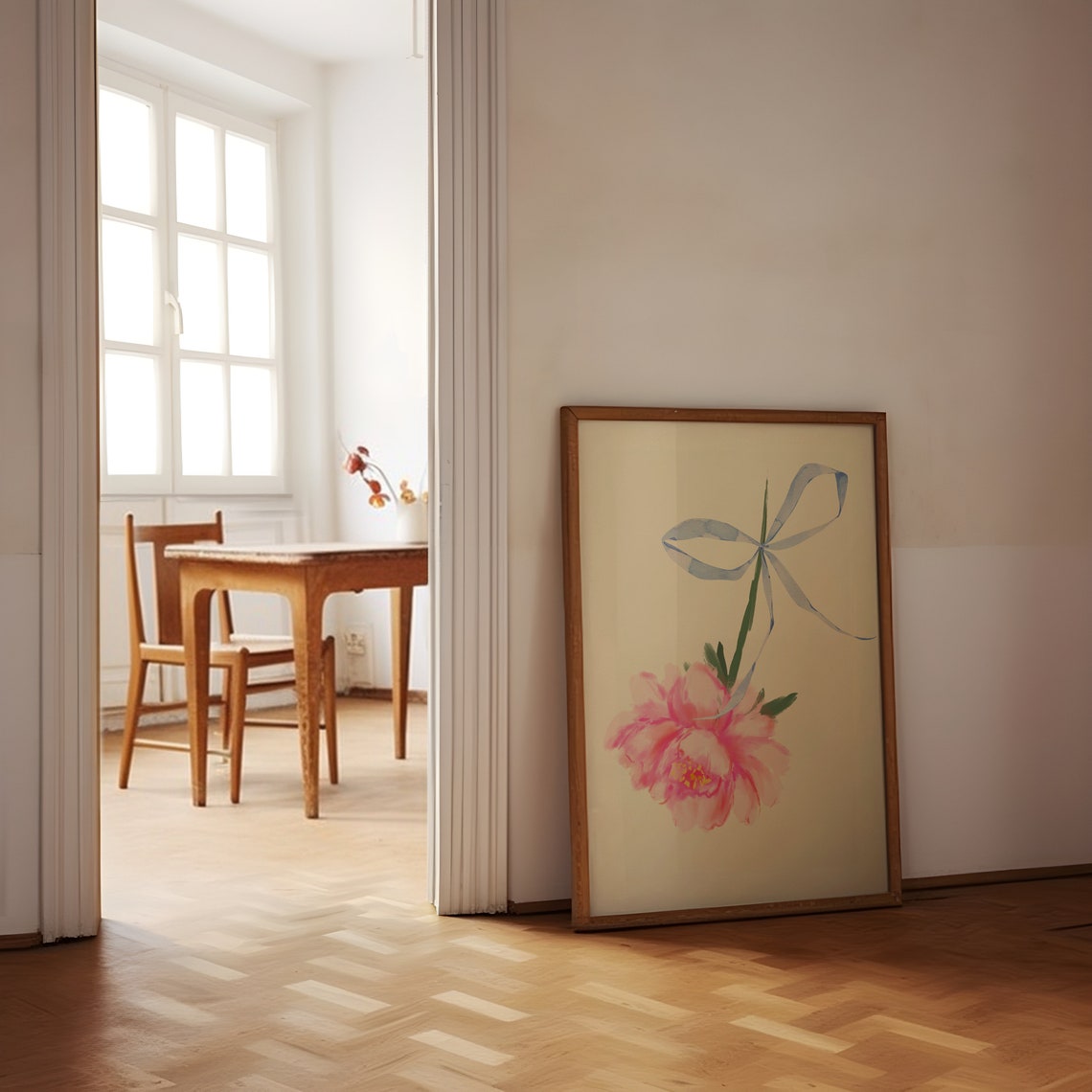 Watercolor Pink Flower With Flowing Blue Ribbon Vertical Art Print - Image 2