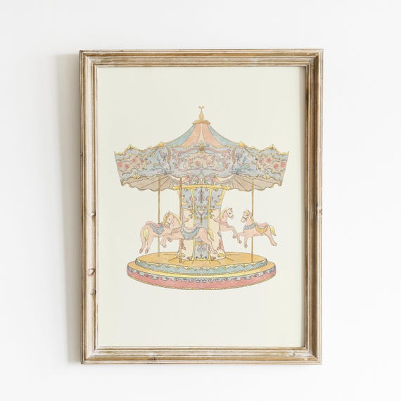 Vintage Pink Carousel Art Print, Botanical Decor