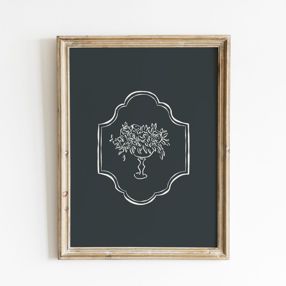 Cream Floral Urn Crest Line Art Charcoal Black Moody Botanical Poster