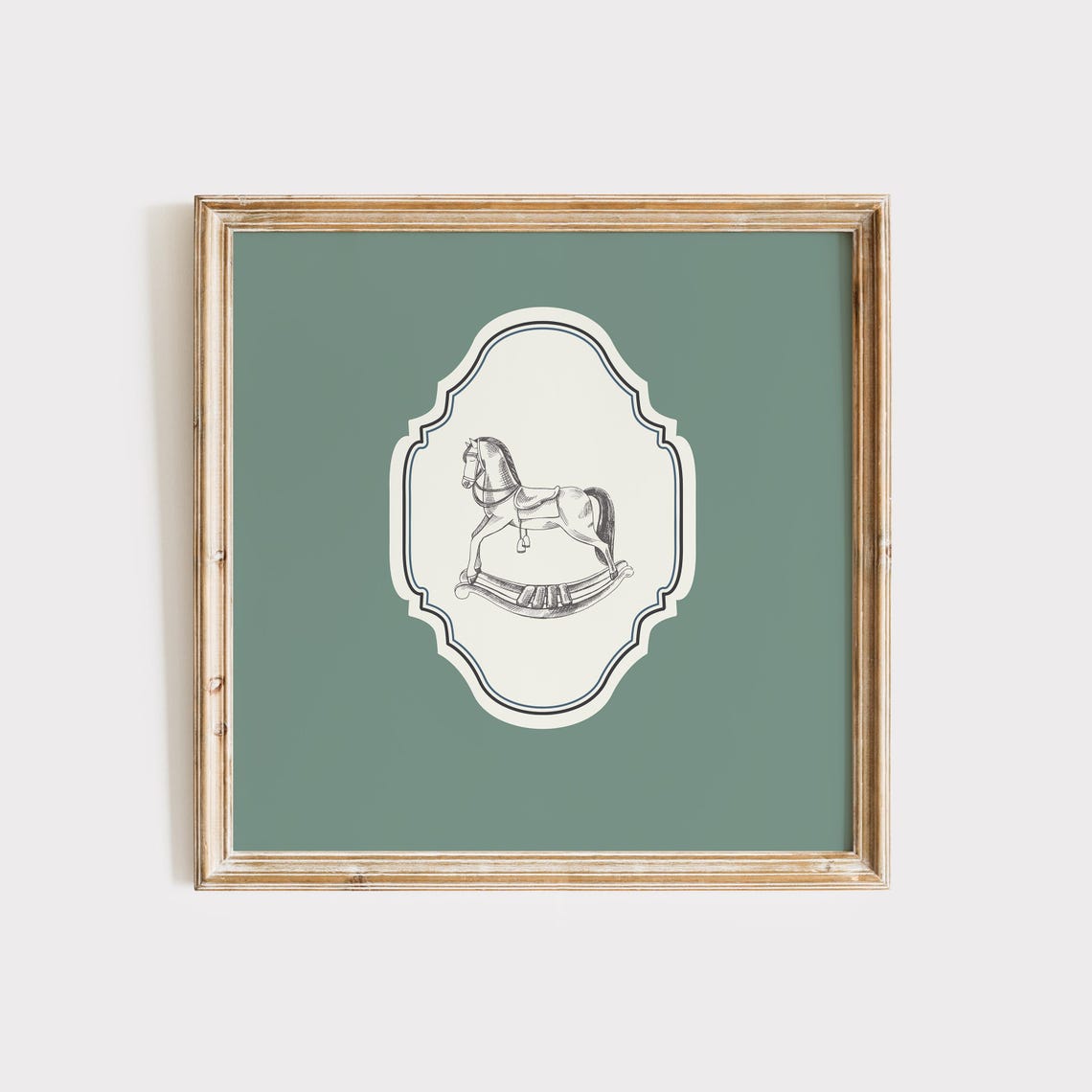 Vintage Rocking Horse Sage Green Ornate Square Nursery Poster - Image 2