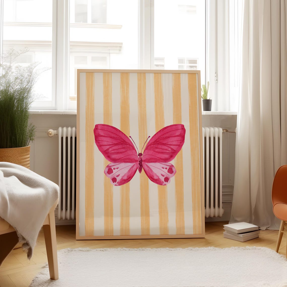 Pink Watercolor Butterfly Peach Stripe Background Nursery Art Poster - Image 3