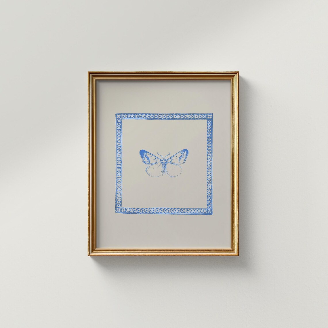 Cobalt Blue Butterfly Poster with Vintage Border Line Drawing Art - Image 2