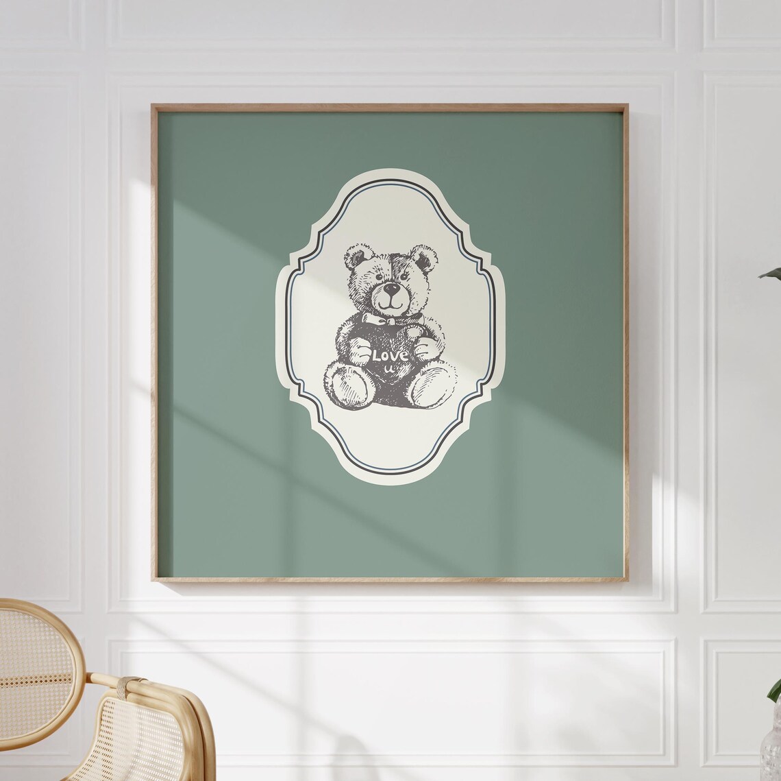 Vintage Teddy Bear Love Text Cream Medallion Green Nursery Wall Art - Image 5