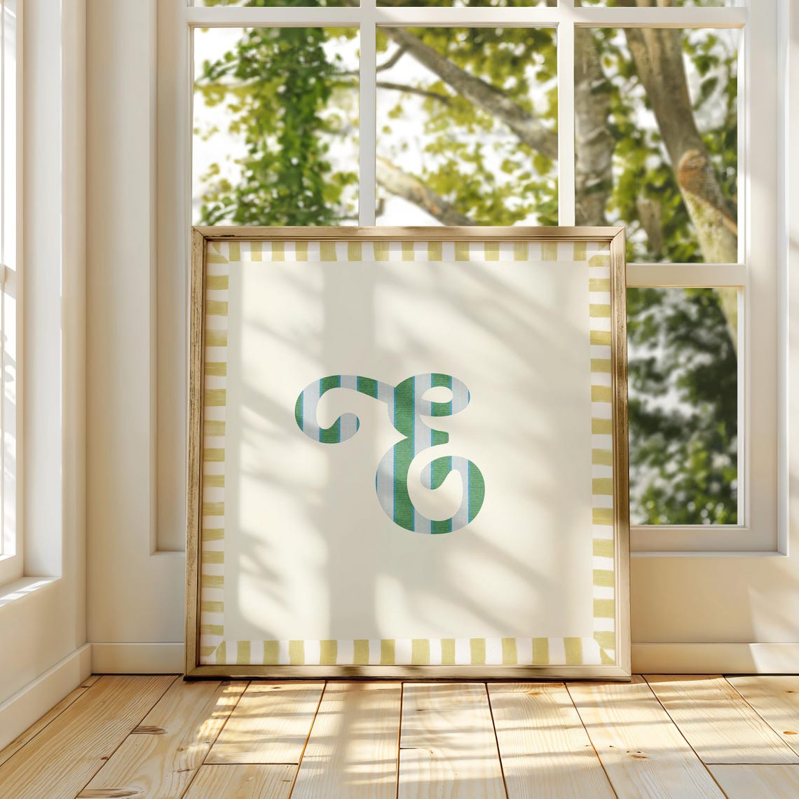 Swash Letter E Green Blue Striped Monogram Cream Framed Art Print - Image 4