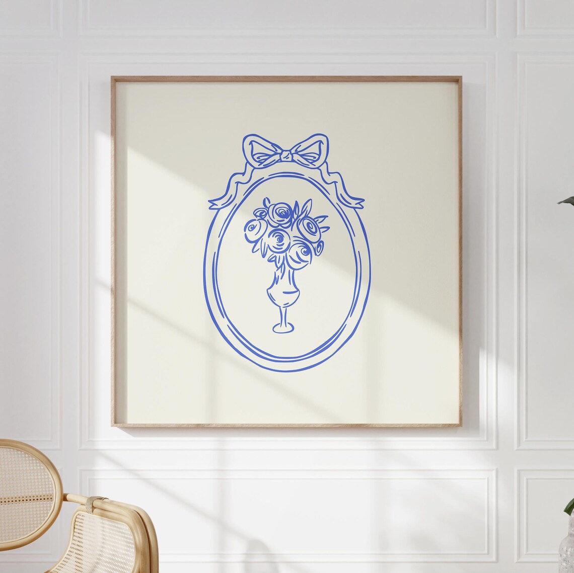 Blue Line Rose Bouquet Vase Coquette Bow Oval Frame Art Print - Image 5