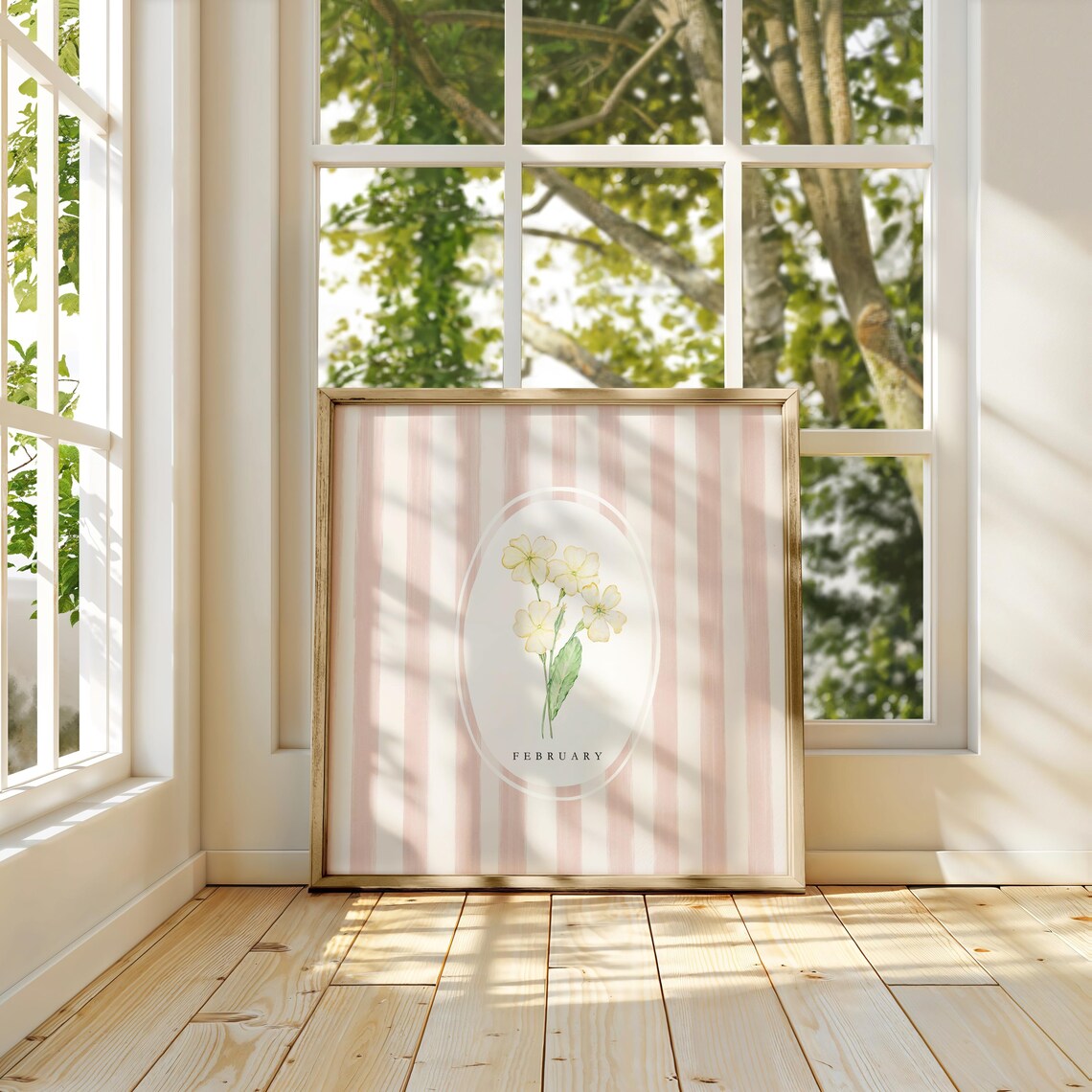 February Primrose Birth Month Flower Pink Stripe Watercolor Botanical Poster - Image 2