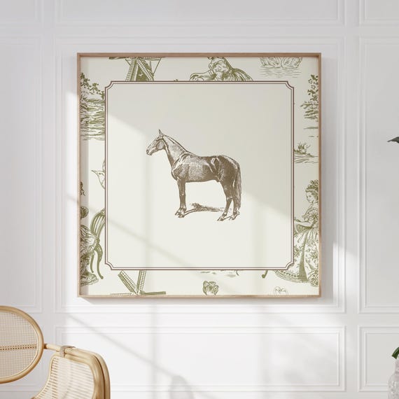 Vintage Green Toile Horse Art Print, Cottage Decor