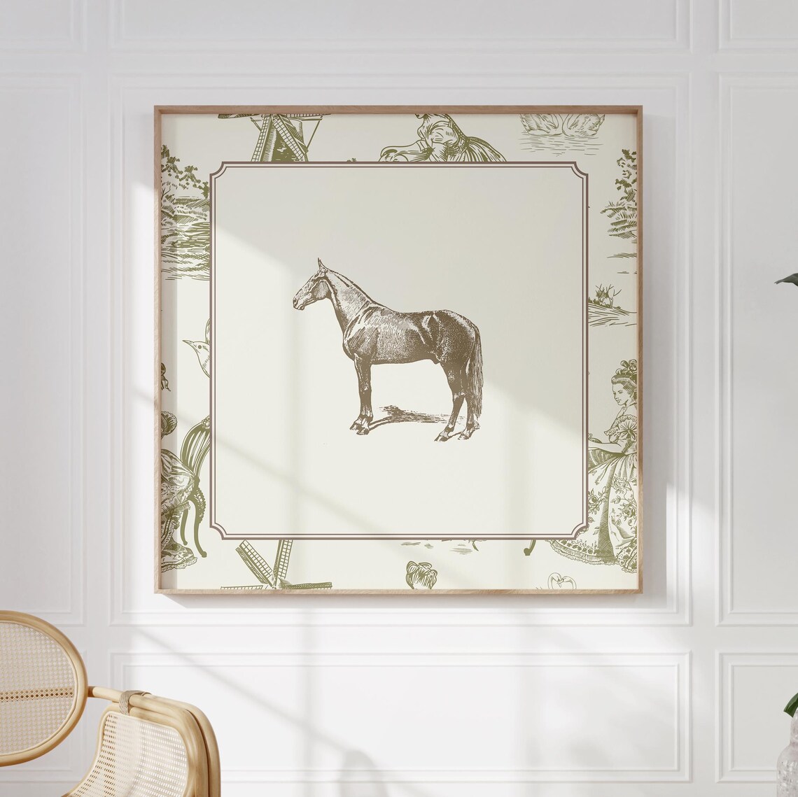 Vintage Green Toile Horse Art Print, Cottage Decor