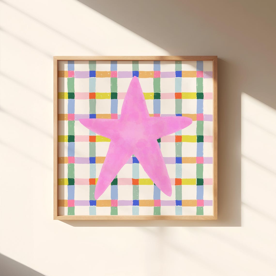 Pink Watercolor Star Colorful Check Plaid Kids Room Square Wall Art - Image 5