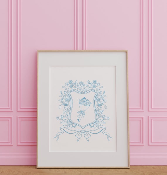 Vintage Framed Blue Bouquet Wall Art Nursery Art Abstract Vintage Painting Cottagecore Decor Art