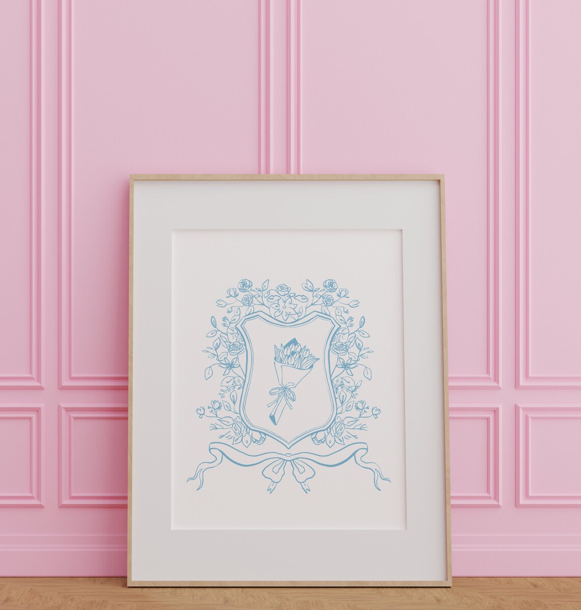 Blue Line Drawing Floral Crest with Flower Bouquet Nursery Poster