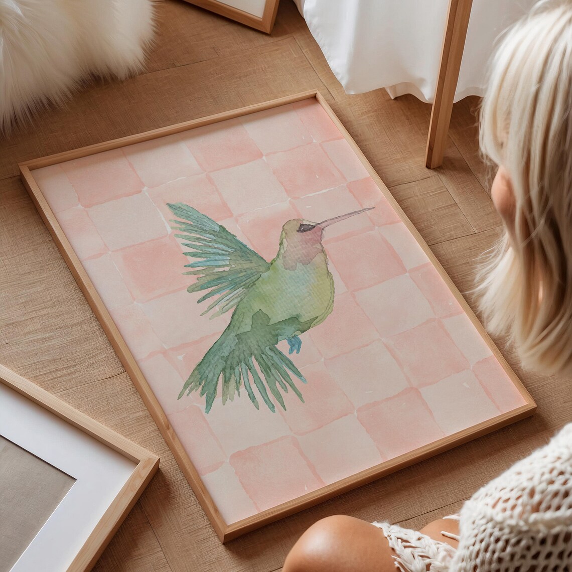 Green Hummingbird Watercolor Pink Checkerboard Nursery Wall Art Print - Image 2