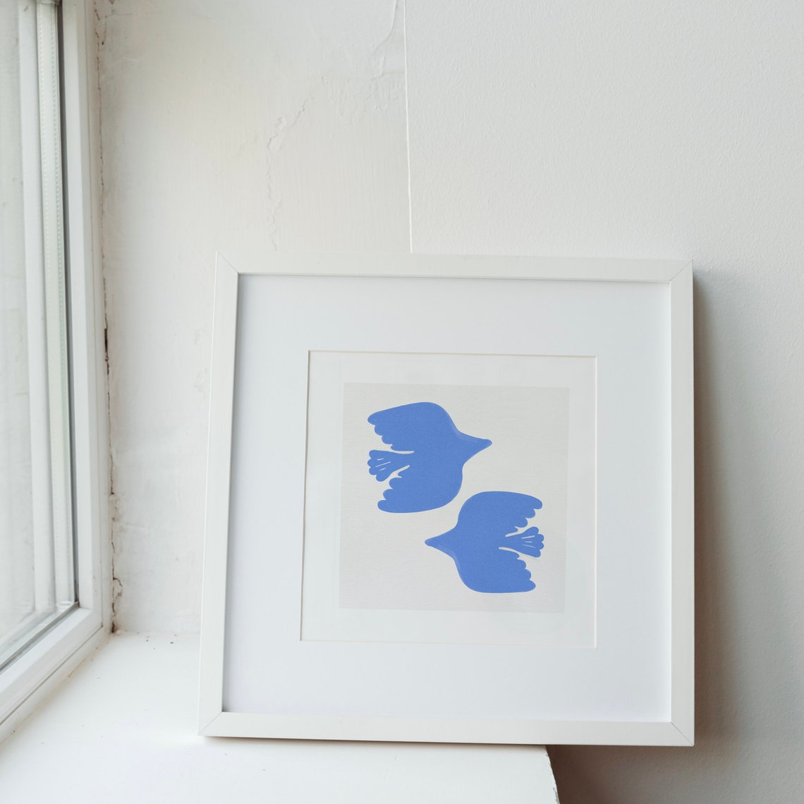 Cornflower Blue Abstract Dove Silhouette Pair Minimal Square Poster - Image 2