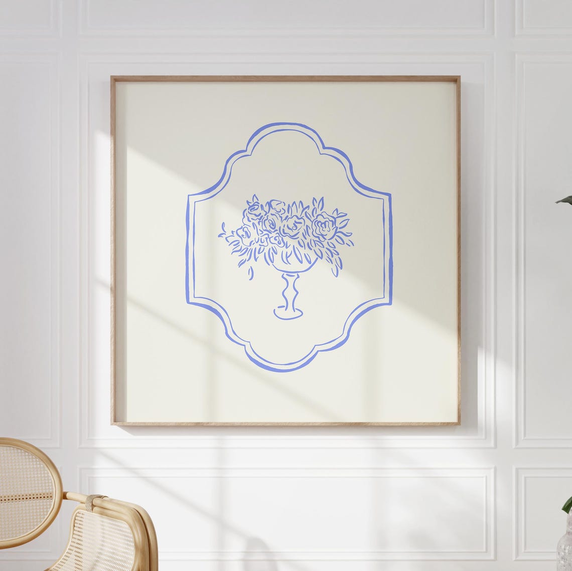 Blue Line Floral Bouquet Pedestal Vase Scalloped Frame Wall Poster - Image 4