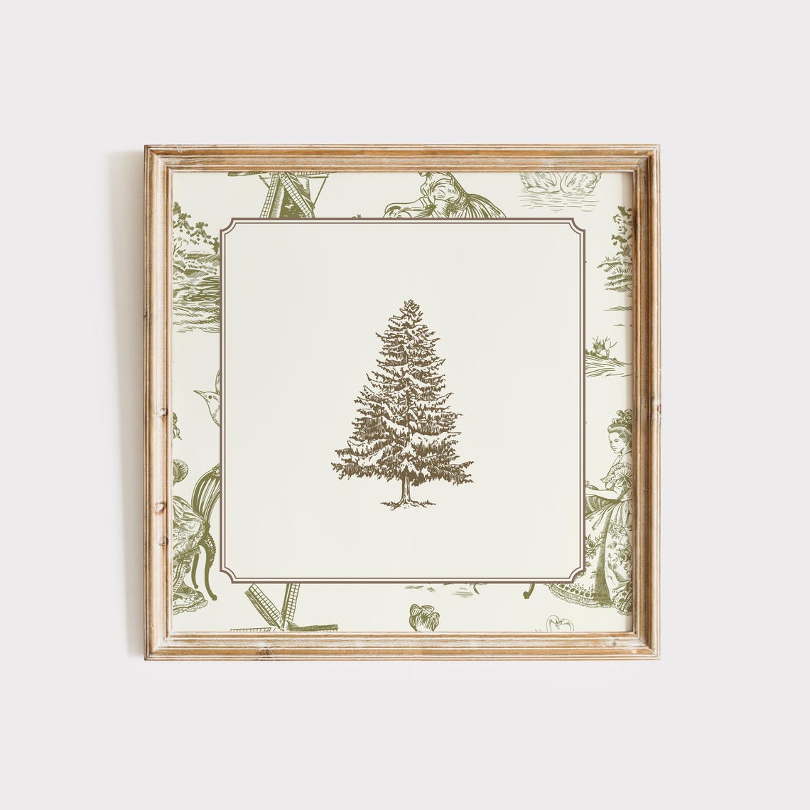 Green Toile Border Pine Tree Engraving Christmas Vintage Poster - Image 3