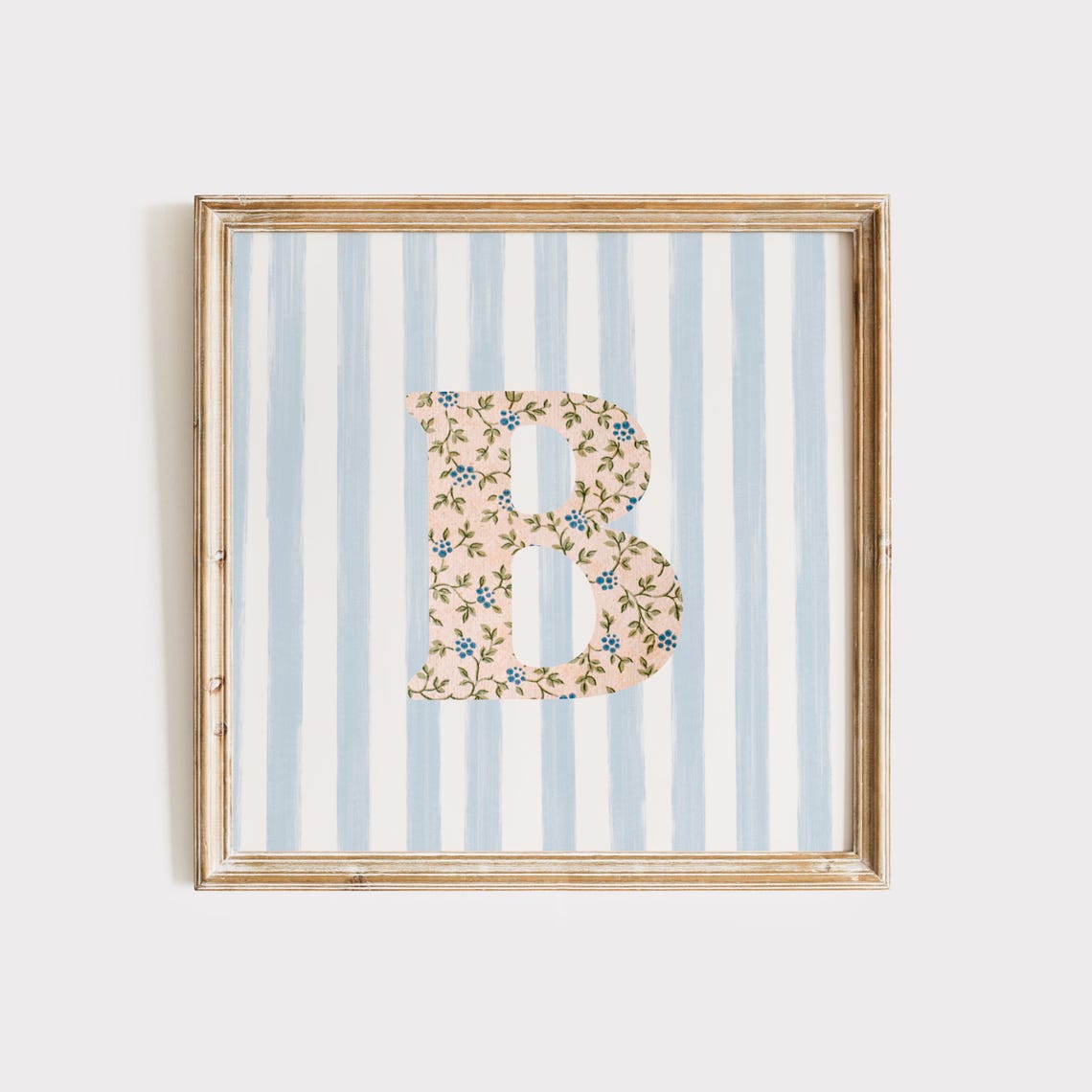 Floral Chintz Letter B Monogram Initial Blue Striped Wall Poster - Image 2