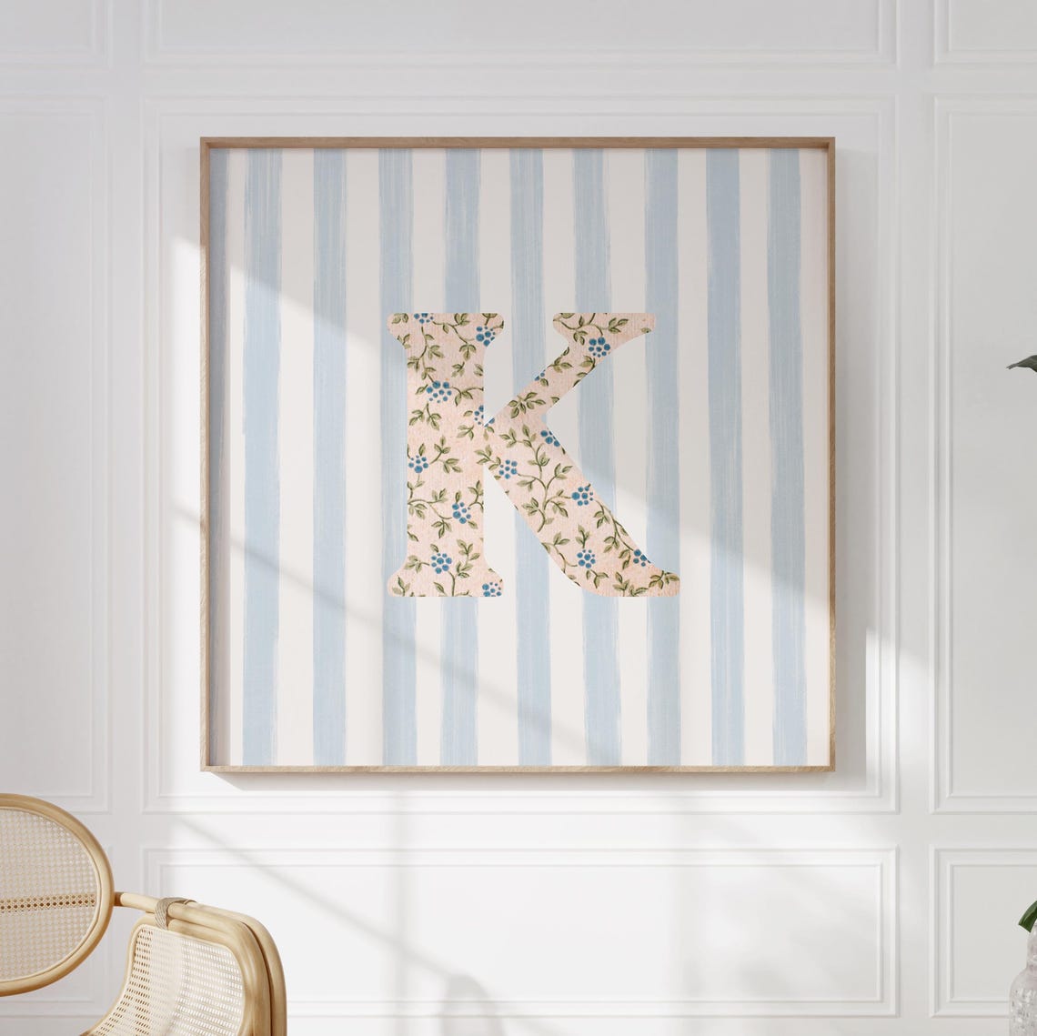Floral Chintz Letter K Monogram Initial Blue Striped Wall Poster