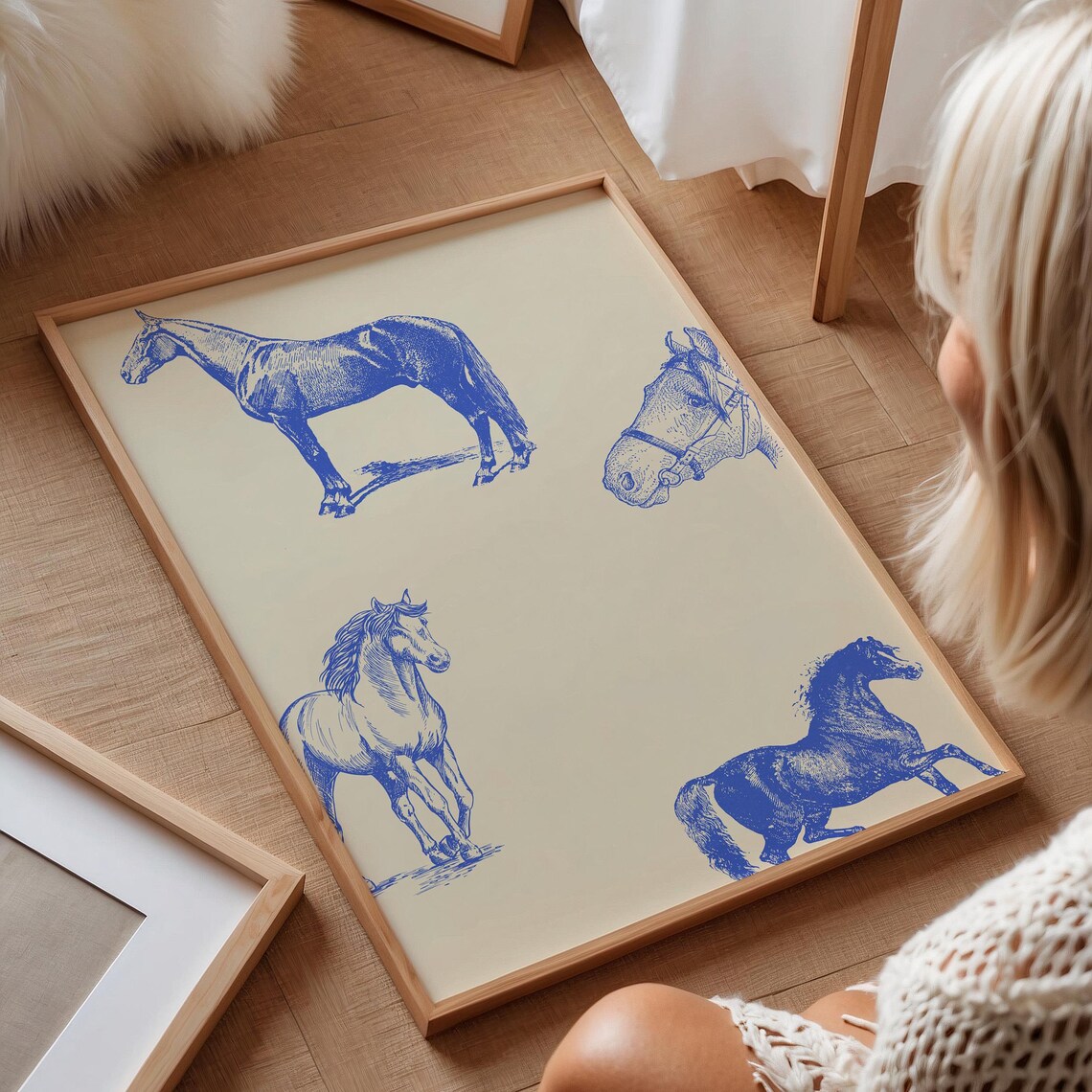 Cobalt Horse Illustration Print, Vintage Equestrian