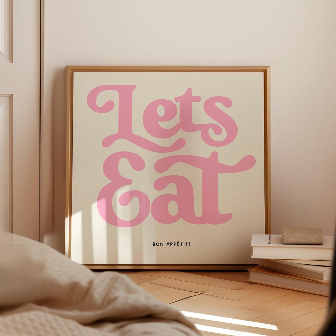 Lets Eat Retro Script Pink on Cream Bon Appetit Kitchen Poster Sweet